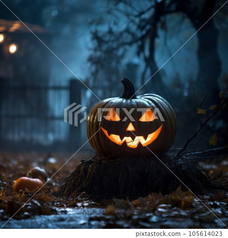Halloween pumpkin with scary face in cemetery. Halloween pumpkin glowing in the dark forest at night. Halloween concept.  Scary Halloween background. 105614023