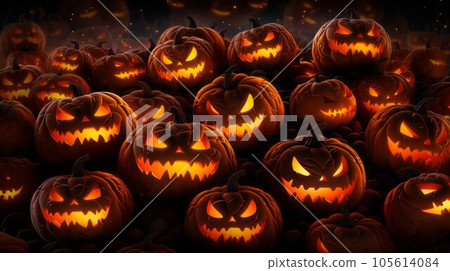 Halloween pumpkins with scary faces on dark background. Illustration of halloween scary pumpkins with glowing eyes and grin angry smile, at night. Pattern for design. Halloween Holiday art concept Halloween pumpkins with scary faces on dark background. Illustration of halloween scary pumpkins with glowing eyes and grin angry smile, at night. Pattern for design. Halloween Holiday art concept 105614084