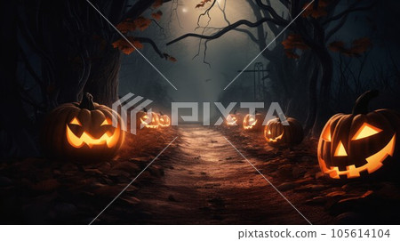 Scary Halloween pumpkins  standing along the path leading to the deep forest at deep night. Halloween  scary pumpkins in forest. Creepy glowing Halloween pumpkins in the dark forest. Halloween holiday 105614104