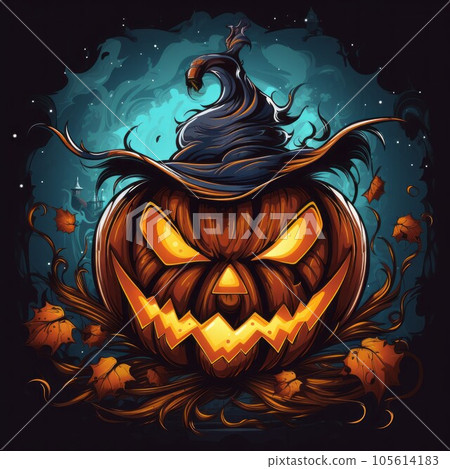 Halloween pumpkin with witch hat on a dark background. Vector illustration. Halloween vector illustration. Jack-o-lantern on the background of the castle. Halloween pumpkin with witch hat on a dark background. Vector illustration. Halloween vector illustration. Jack-o-lantern on the background of the castle. 105614183
