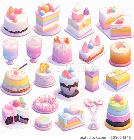 Illustration cute piece of cake set and dessert pastel color Created with Generative AI technology. Illustration cute piece of cake set and dessert pastel color Created with Generative AI technology. 105614846