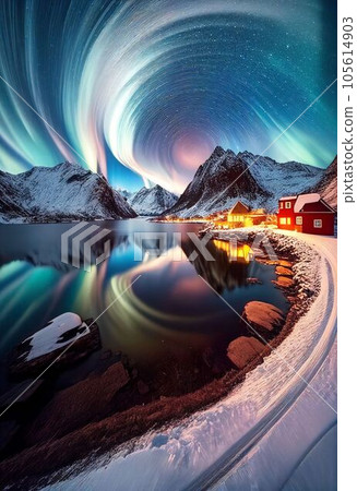 Beautiful village with aurora and star trail over night sky Created with Generative AI technology. 105614903