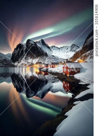 Beautiful village with aurora and star trail over night sky Created with Generative AI technology. 105614906