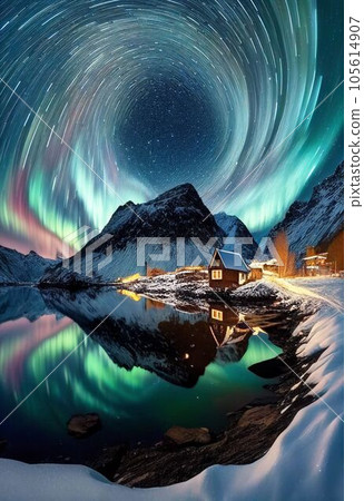 Beautiful village with aurora and star trail over night sky Created with Generative AI technology. Beautiful village with aurora and star trail over night sky Created with Generative AI technology. 105614907