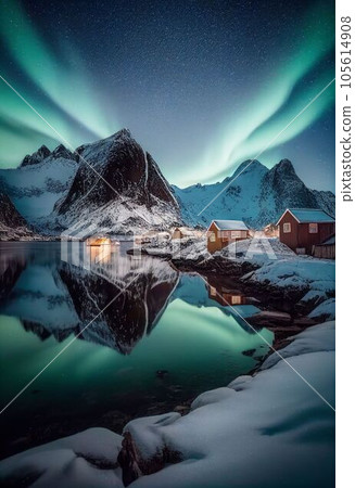 Beautiful village with aurora and star trail over night sky Created with Generative AI technology. 105614908