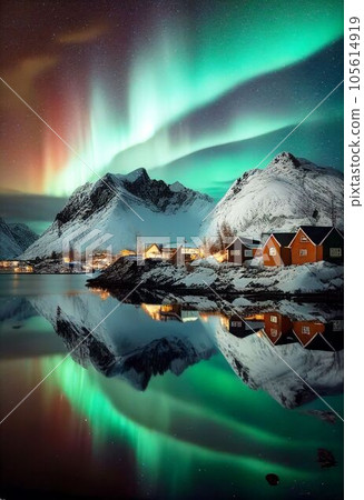 Beautiful village with aurora and star trail over night sky Created with Generative AI technology. 105614919