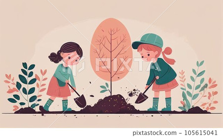 Children planting a tree for health the world and environment Created with Generative AI technology. 105615041
