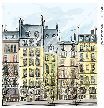 Paris buildings facades in a watercolor painting style 105615042
