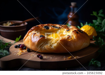 Delicious appetizing khachapuri, egg in a bun, national cuisine of Georgia, close-up 105615092
