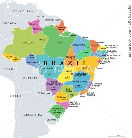 States of Brazil, political map. Differently colored federative units, with their borders and capitals. Subnational entities with certain degree of autonomy, forming the Federative Republic of Brazil. 105615160