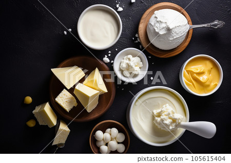 Different fresh delicious dairy products, cheese, butter, milk, cream, yogurt, top view photo on a black background, flatley 105615404