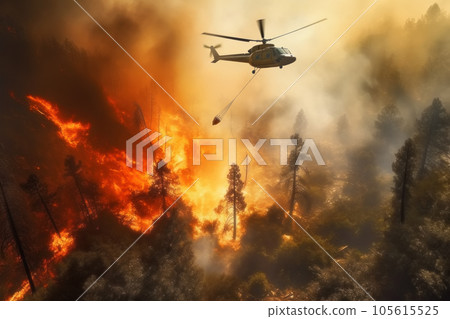 Firefighting helicopter with water bucket flying over a forest landscape engulfed in flames 105615525