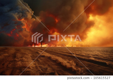 Wildfire sweeping through agricultural land, with a horizon filled with flames and smoke Wildfire sweeping through agricultural land, with a horizon filled with flames and smoke 105615527
