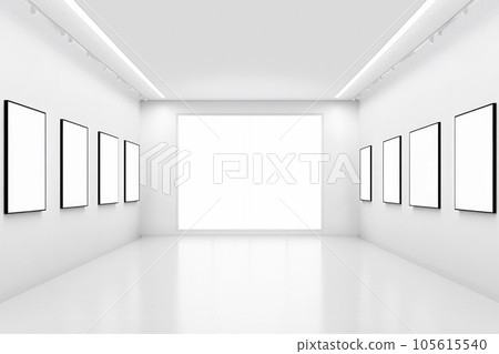 Interior of contemporary art gallery with empty frames against white walls Interior of contemporary art gallery with empty frames against white walls 105615540