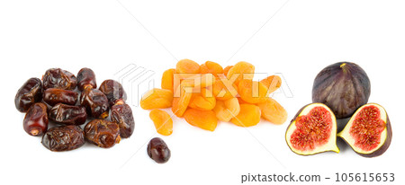 Figs fruit,dates and dried apricots isolated on white background. Wide photo. There is space for text. Collage. 105615653
