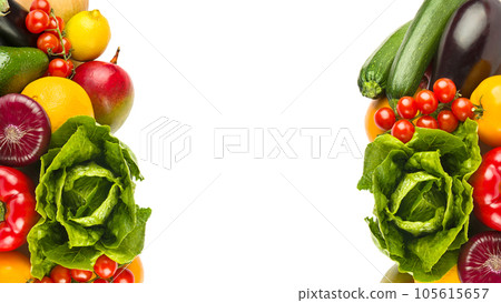 Set of vegetables and fruits isolated on white . Collage. Free space for text. Set of vegetables and fruits isolated on white . Collage. Free space for text. 105615657
