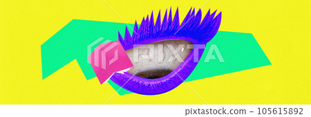 Creative artwork with huge human eye and book on it over bright yellow green background Creative artwork with huge human eye and book on it over bright yellow green background 105615892