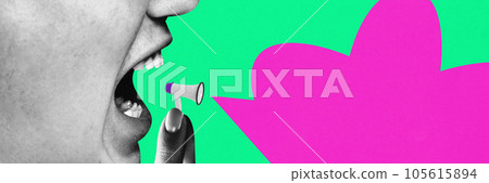 Art collage of big mouth and small classic megaphone, advertising and voice concept. Copy space for text. Banner. Art collage of big mouth and small classic megaphone, advertising and voice concept. Copy space for text. Banner. 105615894