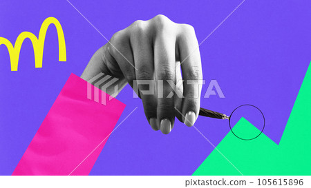Contemporary art collage of huge hand with magnifying glass. Concept of research, knowledge, studing, student and ad. 105615896