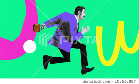 Contemporary art collage of running person holding briefcase over painted bright colorful background 105615897