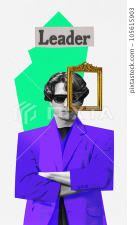 Business contemporary art collage of young confident boss man folded arms dressed formal clothes Business contemporary art collage of young confident boss man folded arms dressed formal clothes 105615903