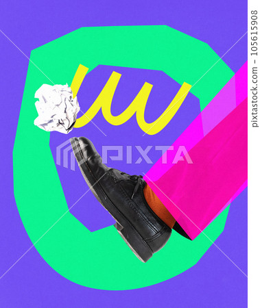 Contemporary art collage. Leg of angry man kicking, throwing away trash, smashed used paper. 105615908