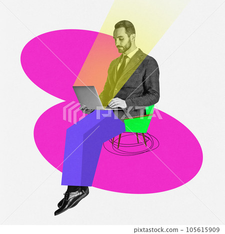 Creative collage of huge clever man use modern netbook sitting on small chair isolated on painted background. Creative collage of huge clever man use modern netbook sitting on small chair isolated on painted background. 105615909