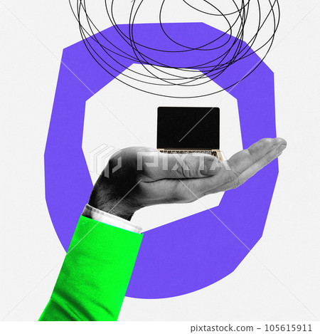 Huge black and white hand holding open laptop with blank screen. Copyspace for your ad 105615911