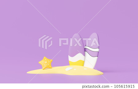 3D render Summer vacation, beach and sea icon elements objects group, holidays background concept, Realistic Display for Product mock-up or Cosmetics with summer theme. minimal cute design. 105615915