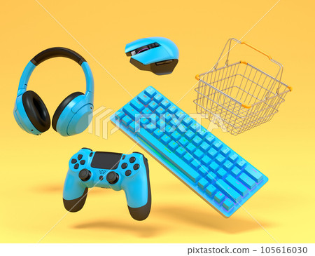 Gamer gears like mouse, keyboard, joystick, headset, VR and metal wire basket Gamer gears like mouse, keyboard, joystick, headset, VR and metal wire basket 105616030