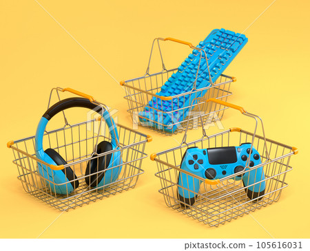 Gamer gears like mouse, keyboard, joystick, headset, VR in metal wire basket 105616031