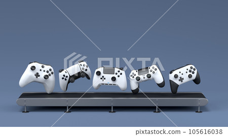 Set of gamer joysticks or gamepads on factory line on black background 105616038