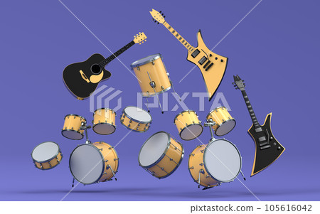 Set of electric acoustic guitars and drums with cymbals on purple background Set of electric acoustic guitars and drums with cymbals on purple background 105616042