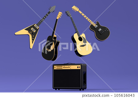 Set of electric acoustic guitars and amplifiers on purple background Set of electric acoustic guitars and amplifiers on purple background 105616043