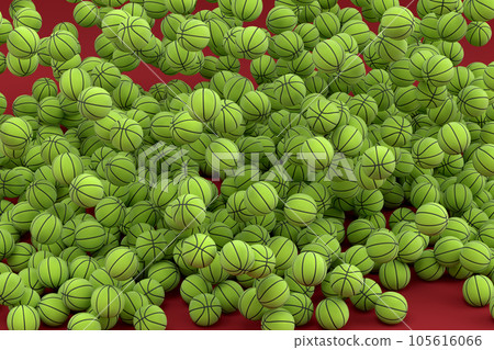 Many of flying green basketball ball falling on red background 105616066