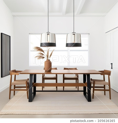 Interior of modern dining room with white walls, tatami floor, wooden table and chairs Interior of modern dining room with white walls, tatami floor, wooden table and chairs 105616165
