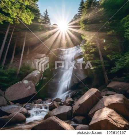 Beautiful waterfall in the forest with sun rays and lens flare 105616167