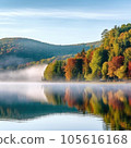 Autumn landscape with foggy lake and colorful forest in the background 105616168