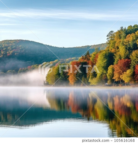 Autumn landscape with foggy lake and colorful forest in the background Autumn landscape with foggy lake and colorful forest in the background 105616168
