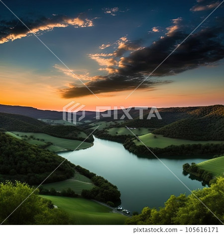Sunset over a lake in the mountains - beautiful summer landscape Sunset over a lake in the mountains - beautiful summer landscape 105616171
