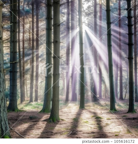 Mysterious dark forest with sunbeams and rays of light Mysterious dark forest with sunbeams and rays of light 105616172