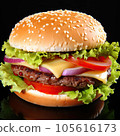 Big tasty hamburger with fresh vegetables on black background, closeup 105616173