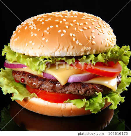 Big tasty hamburger with fresh vegetables on black background, closeup Big tasty hamburger with fresh vegetables on black background, closeup 105616173