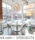 Modern dining room with round table, chairs and big windows - nobody inside 105616174