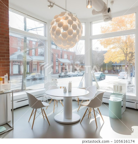 Modern dining room with round table, chairs and big windows - nobody inside 105616174