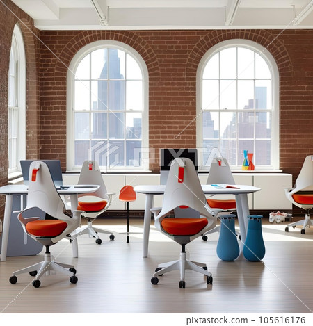 Interior of a modern office with red and orange chairs and computers 105616176