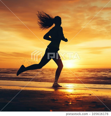 Young woman running on the beach at sunset - healthy lifestyle concept 105616178