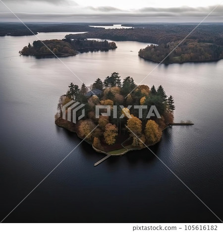 Aerial view of small island in the middle of lake - beautiful autumn landscape 105616182