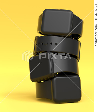 Stack of monochrome smart watches with colorful straps on yellow background. Stack of monochrome smart watches with colorful straps on yellow background. 105616321
