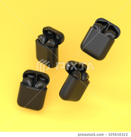 Set of monochrome wireless bluetooth headphones in charging case on yellow Set of monochrome wireless bluetooth headphones in charging case on yellow 105616322